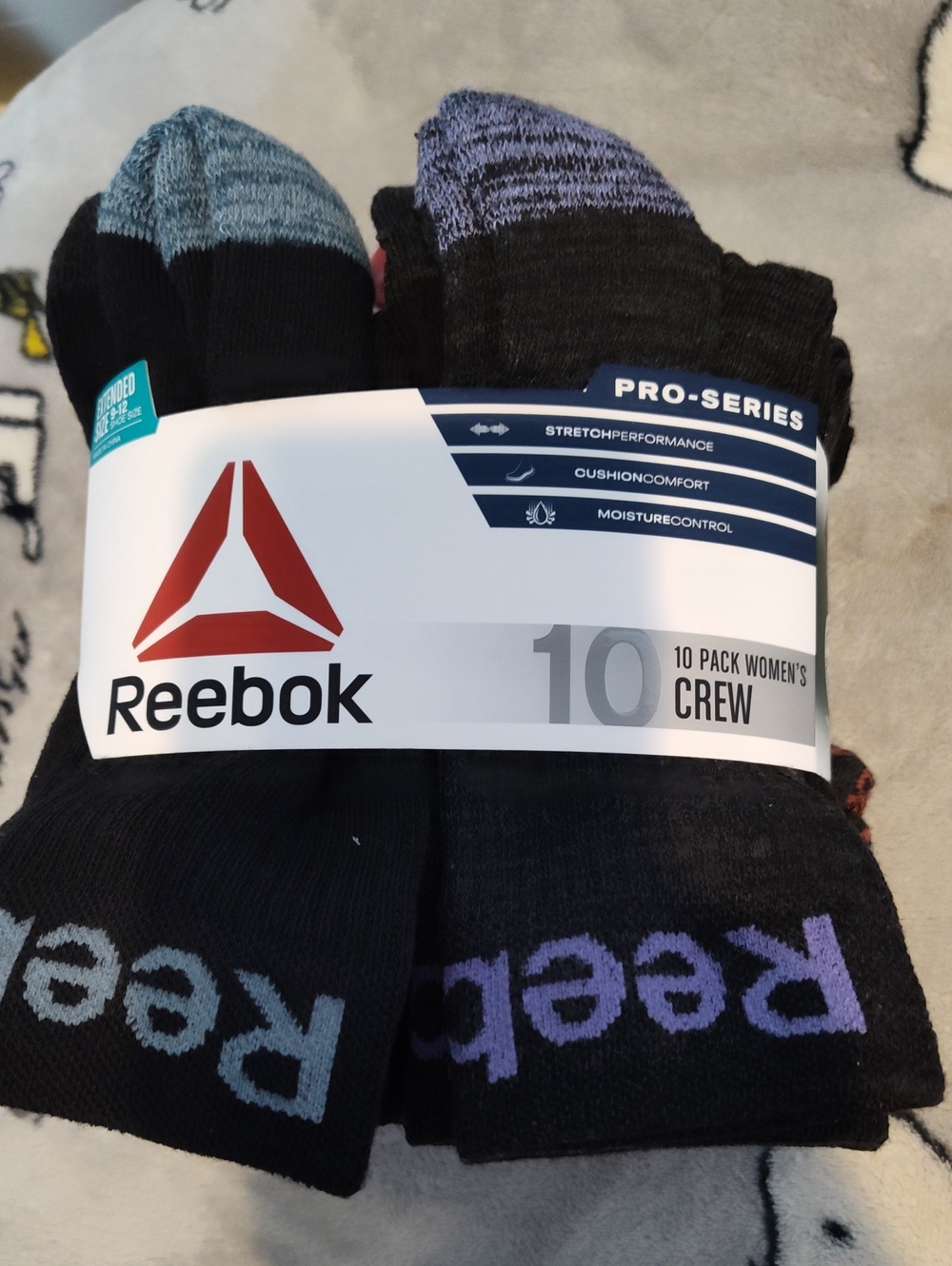 Reebok Women's Crew Socks 10-Pack - Black with Light Blue & Purple Accents